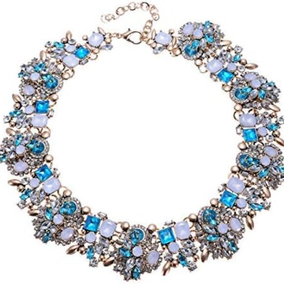 Jewelry - Trendy Blue Rhinestone Choker Necklace with Chunky Chain - Unique Gift Idea